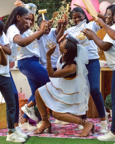 Joyful bridal party with friends gathering for bachelorette celebration outdoors, filled with laughter and playful antics.